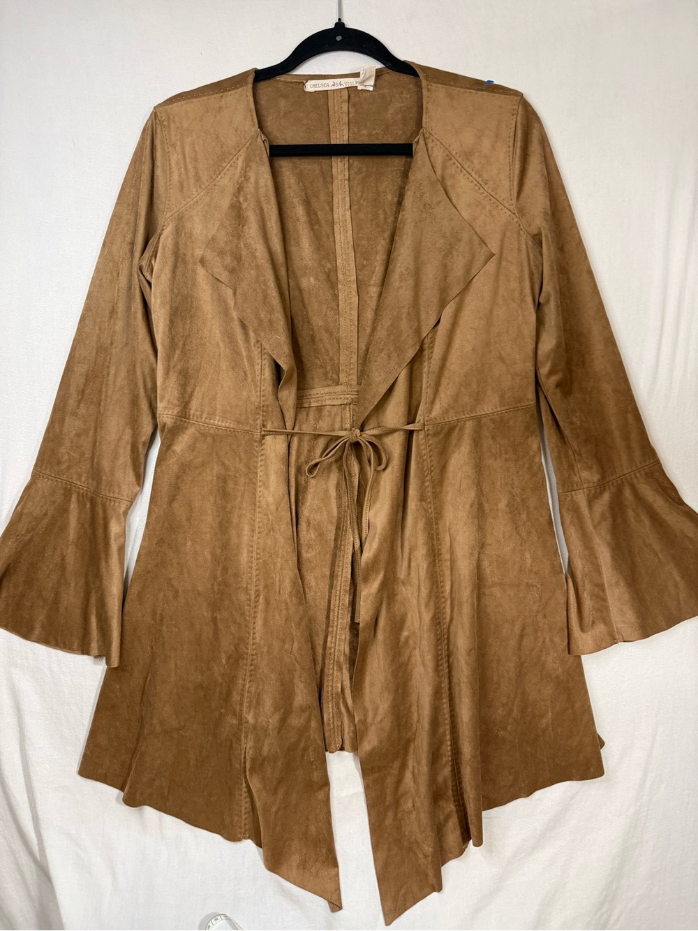 Chelsea and Violet Suede Tie-Waist Bell-Sleeve Coat - Camel Size S